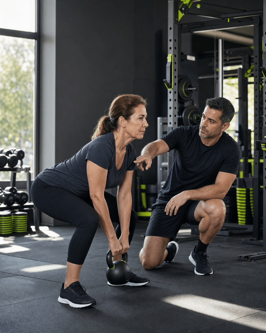 Entrenador corrigiendo la técnica de fuerza de una clienta
